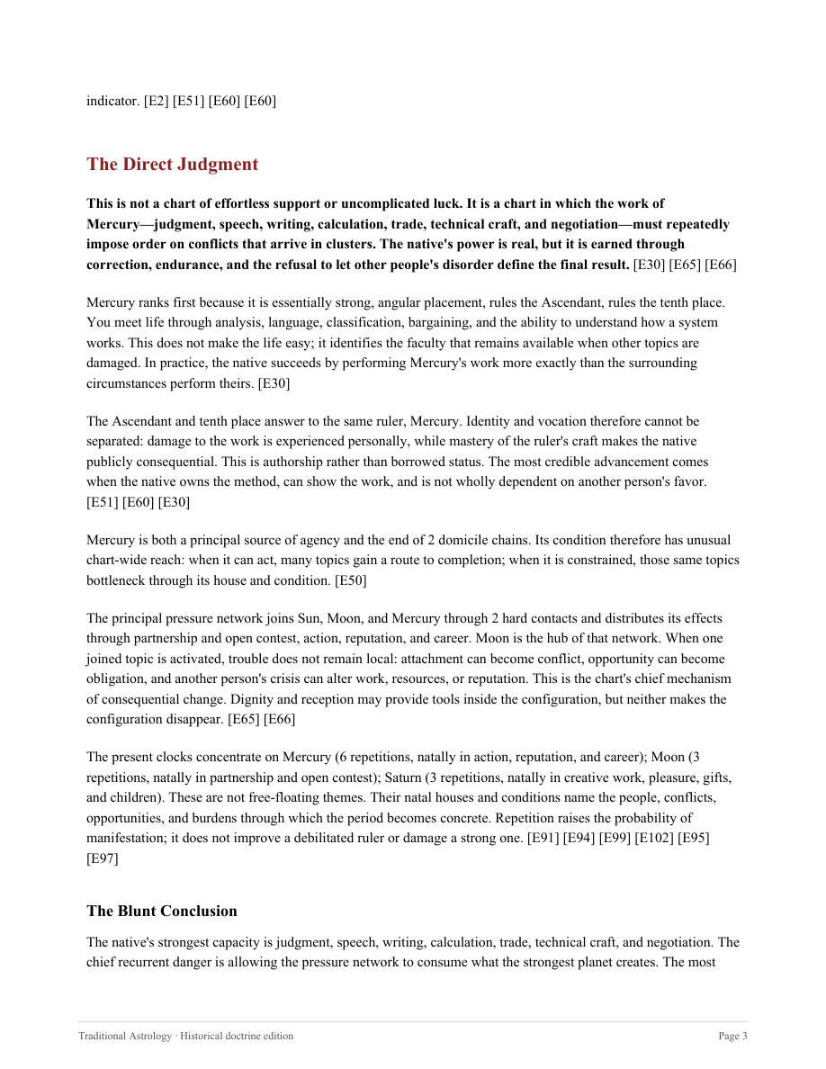 An actual page from the Complete Astrological Analysis, showing the interpretation and evidence references.