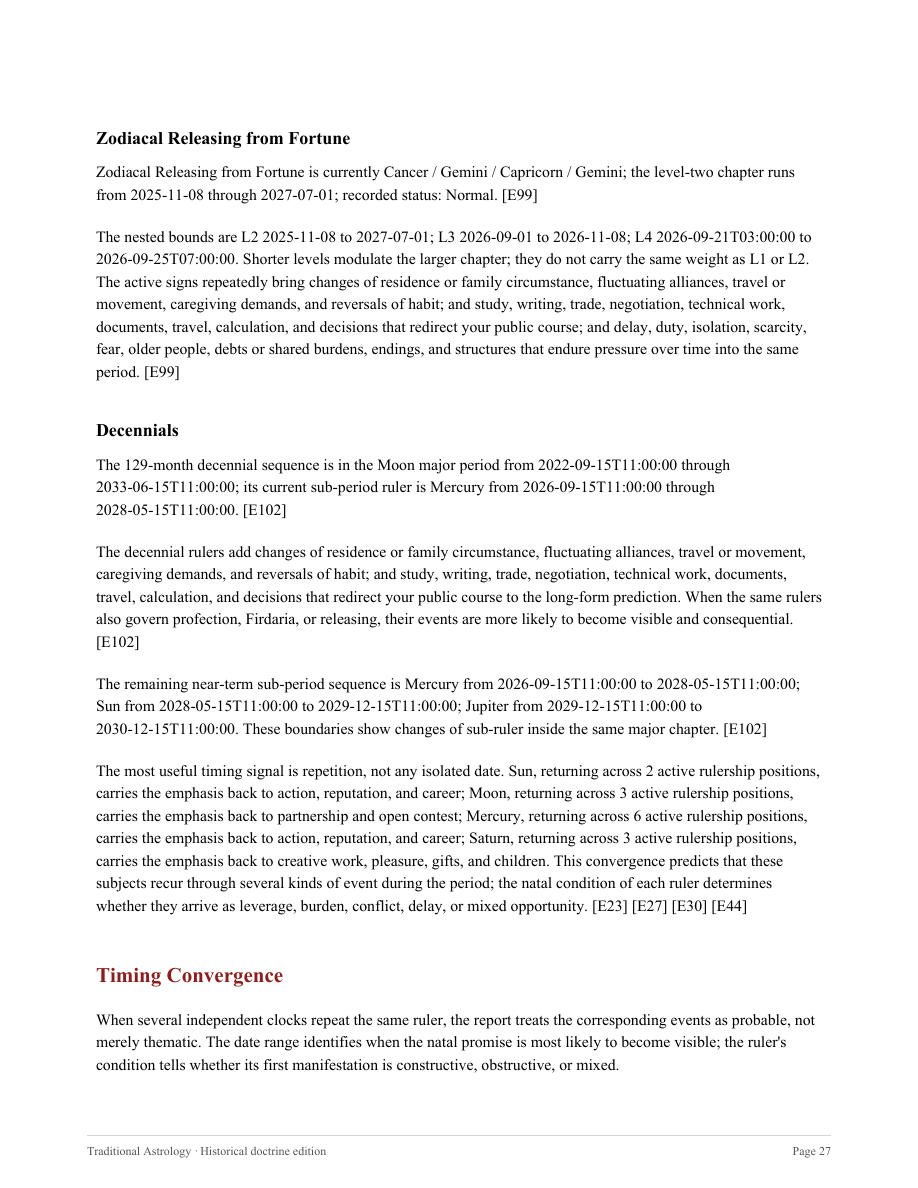 Sample PDF page explaining traditional timing periods in the context of the natal chart.